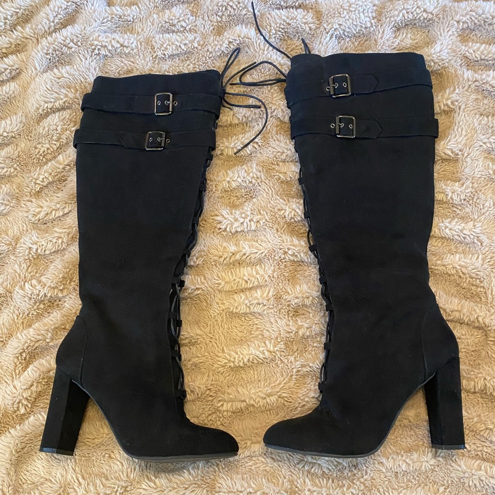 Knee high black suede boots